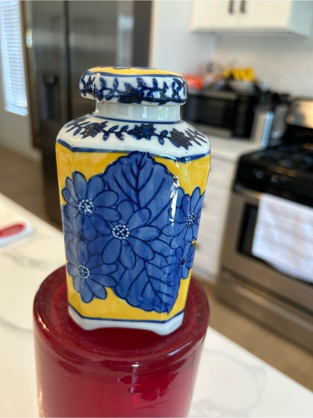 Vintage Chinese Blue Floral Ceramic Ginger Small Jar with Yellow Accents